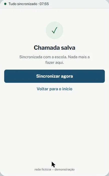 Confirmação do SIFRE: chamada salva e sincronizada com a escola, com o aviso de que não há mais nada a fazer ali.